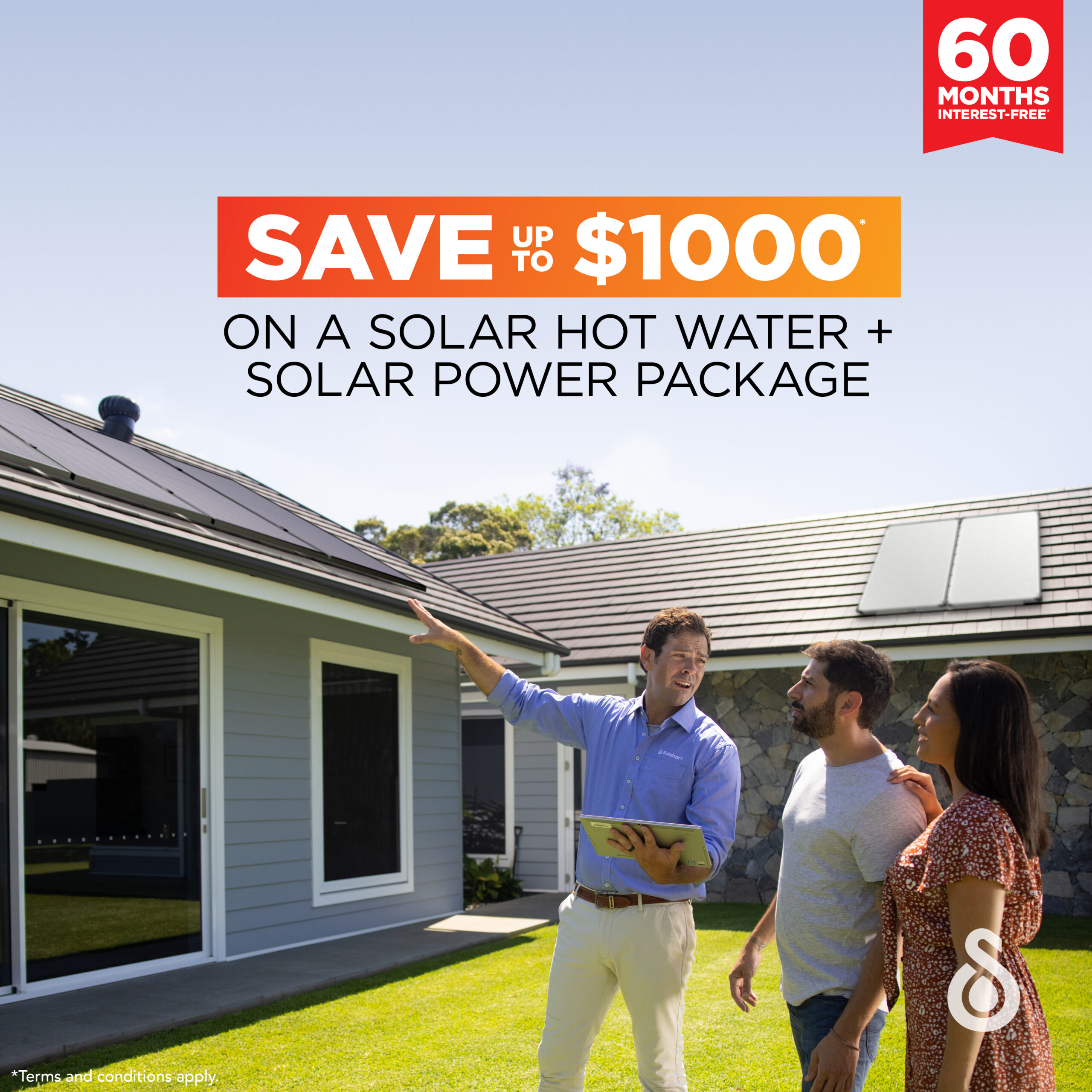 Solahart 60 month interest-free and save up to $1000 on a solar hot water and solar power package/